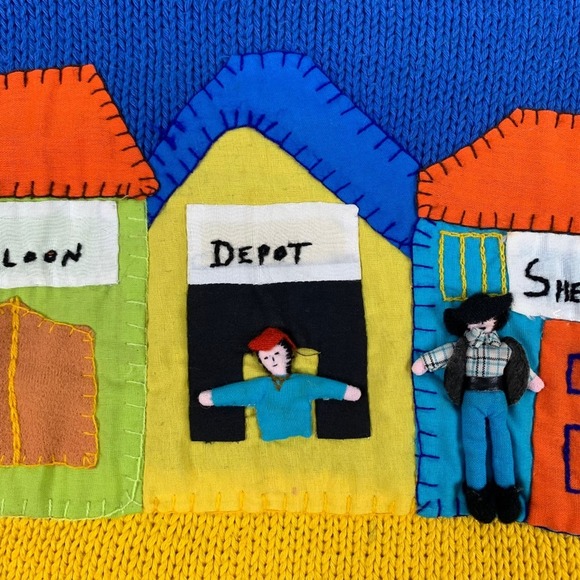 Vintage Andina Blue Yellow Western Town Teacher Sweater TINY FLAW - Picture 10 of 13